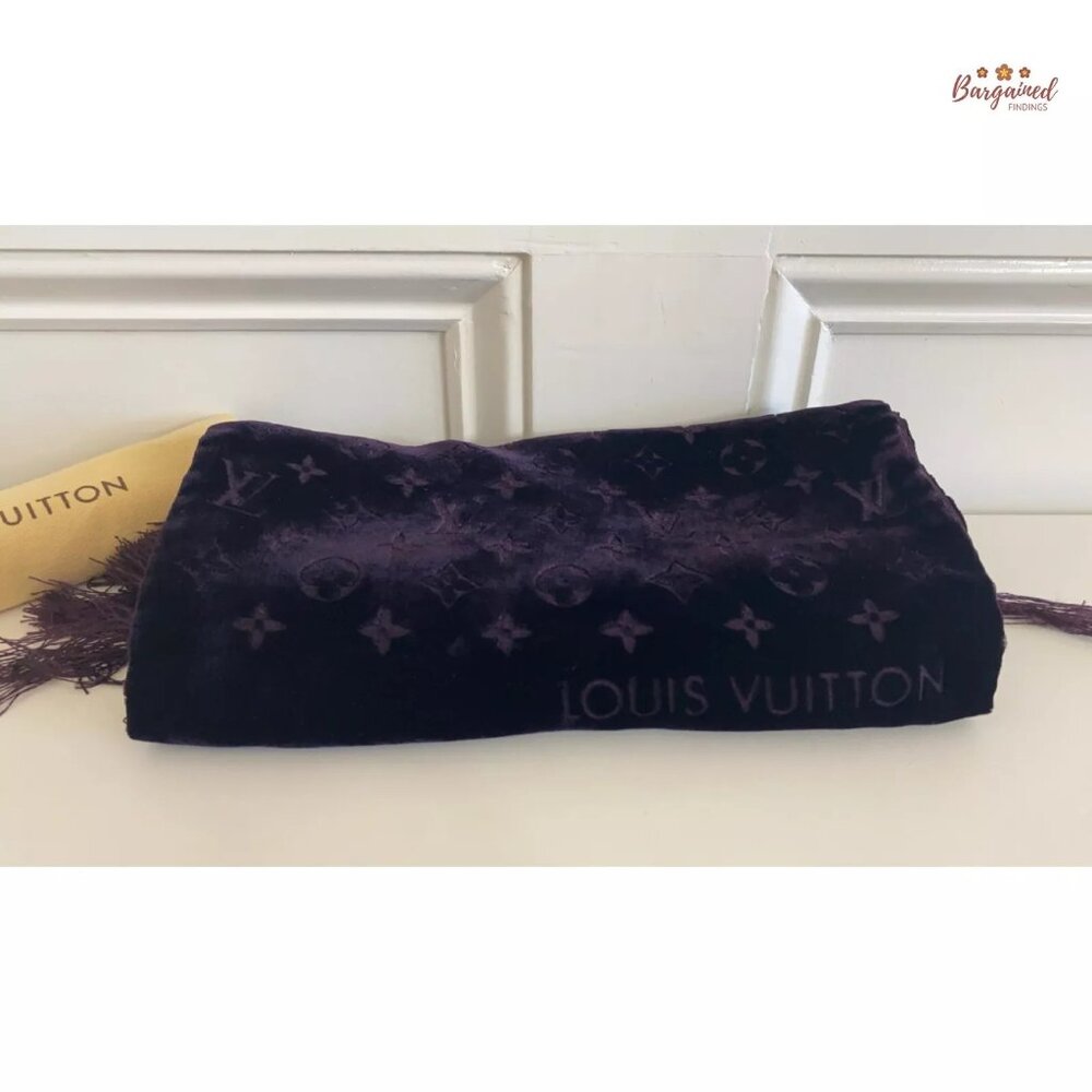 Authentic Louis Vuitton Purple Velvet Monogram Fringe Shawl - Picture 2 of 7